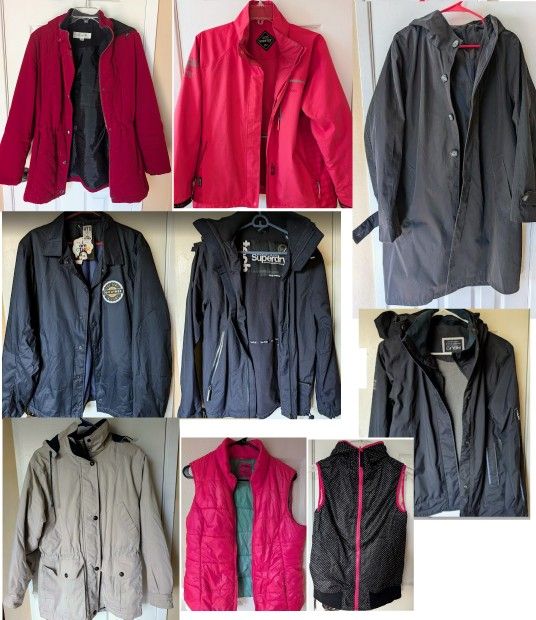 women's trench coats, windbreaker rain winter jackets, puffer vest jacket Small Medium, $7 - $20 each
