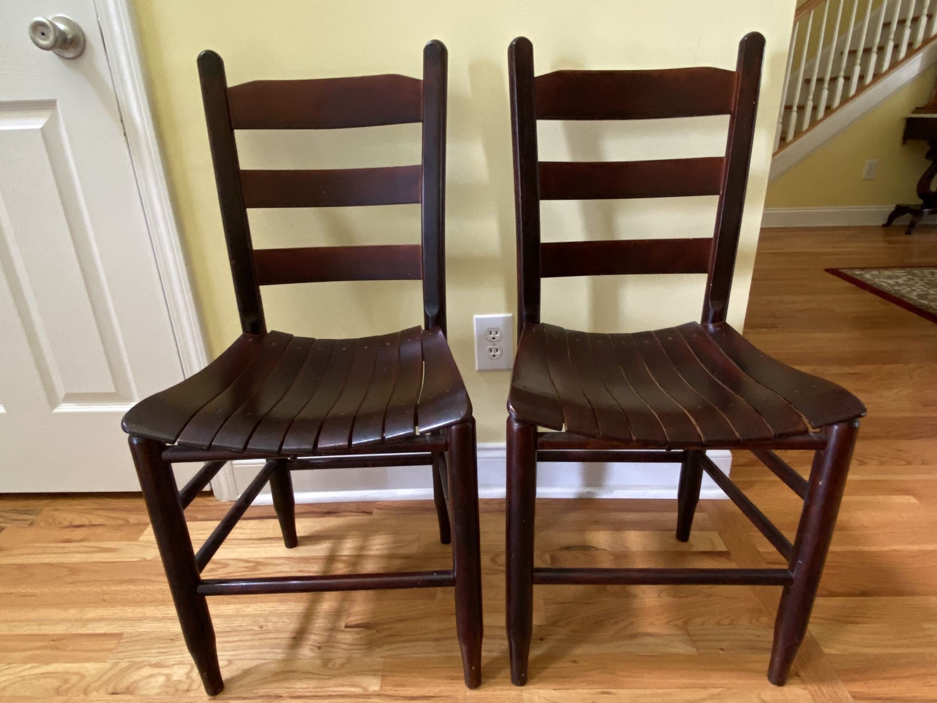 Antique Pair Solid Wood Ladder Back Slat Seat Chairs