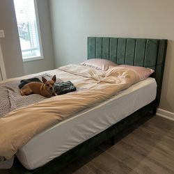Queen Mattress & Velour Bed frame 