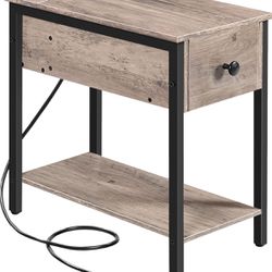 Side Table with Charging Station, Narrow End Table, Small Nightstand, Bedside Tables with Drawer and Storage Shelves, for Small Spaces, Living Room, B