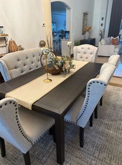 Wood Dining Table with Four Chairs and Bench