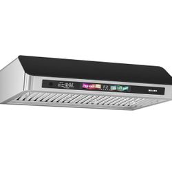 36-inch under-cabinet extractor hood with voice control, gestures, touch, 900 CFM stainless steel and kitchen vent hood with black tempered glass duct