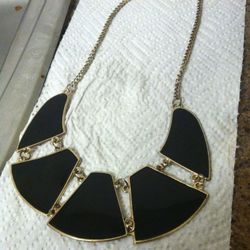 Black Enamel 5 Panel Gold Tone Flat "Choker" Necklace Fashion Modern Costume