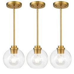 OUVR 3pack Pendant Lights Gold With Clear Glass Globes Adjustable Height Downrods Open Box Like New 