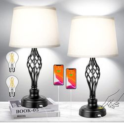 COSTUBE Set of 2 Touch Control 3-Way Dimmable Table Lamp with Switch, Bedside Lamp with USB Port AC Outlet Nightstand Lamp with Fabric Shade for Livin