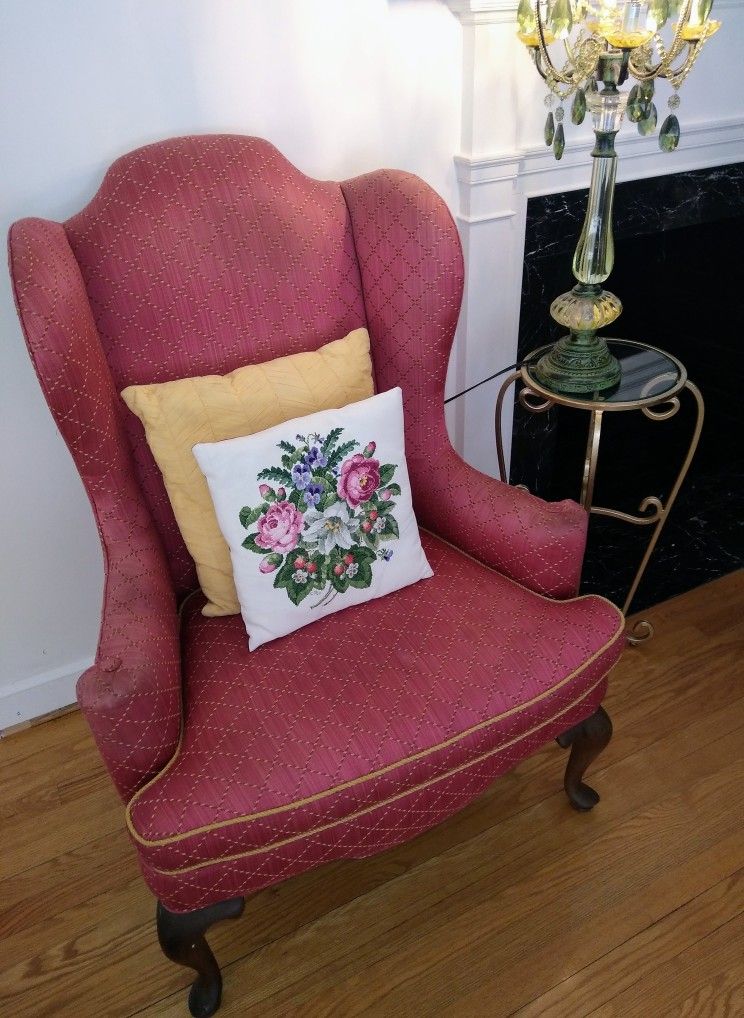 Absolutely Beautiful Dark Pink With Yellow Detail Vintage Silk Wingback Chair
