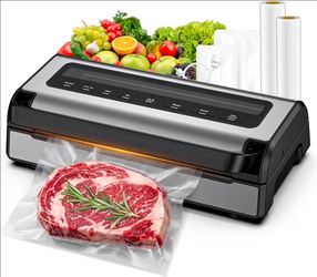 Automatic Food Vacuum Sealer Machine, 180W for Dry, Moist & Canister Sealing, Hands-Free Suction, Built-in Cutter & Storage, Complete w 2 Rolls & 10 B