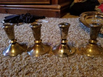 Sterling silver candle holders, bowl and salt and pepper shakers all stamped.