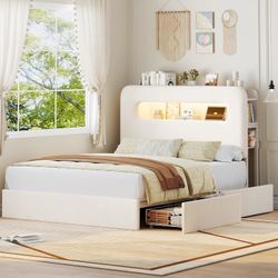   Full LED Bed Frame with Storage Headboard and Charging Station, Kids Bed Frame with 2 Drawers and USB Ports, Velvet Upholstered Platform Be