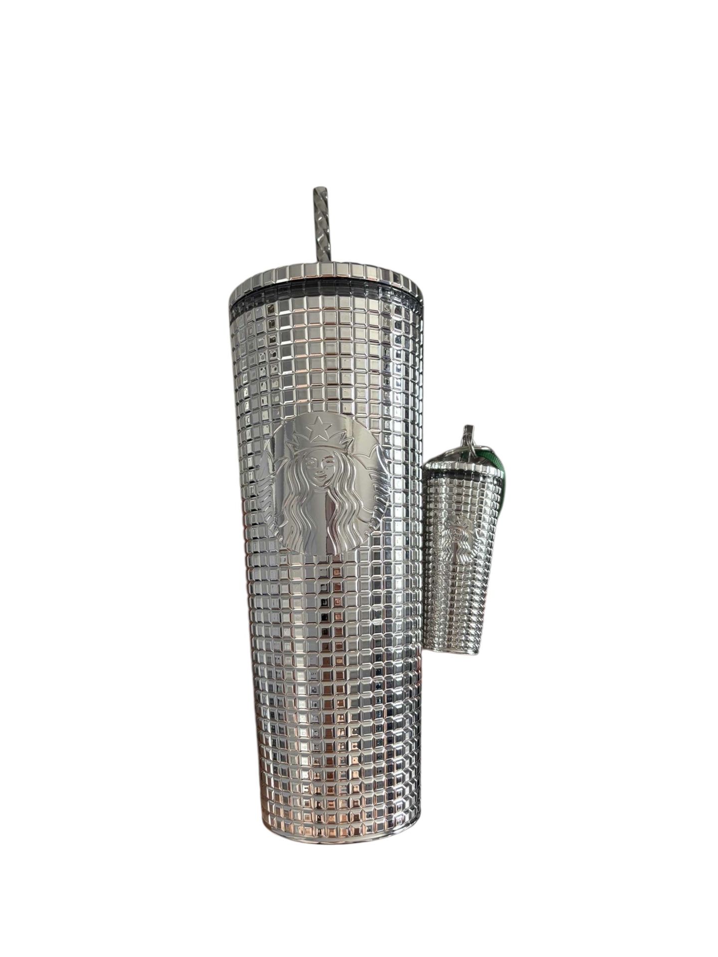 STARBUCKS HOLIDAY SILVER MIRROR GRID 24 OZ TUMBLER COLD CUP AND KEYCHAIN