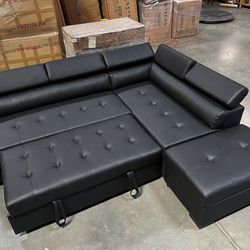New! Black Sectional Sofa Bed, Black Couch, Black Sofa, Faux Leather Black Couch, Leatherette Sectional Sofa Bed, Sectional And Storage Ottoman, Sofa