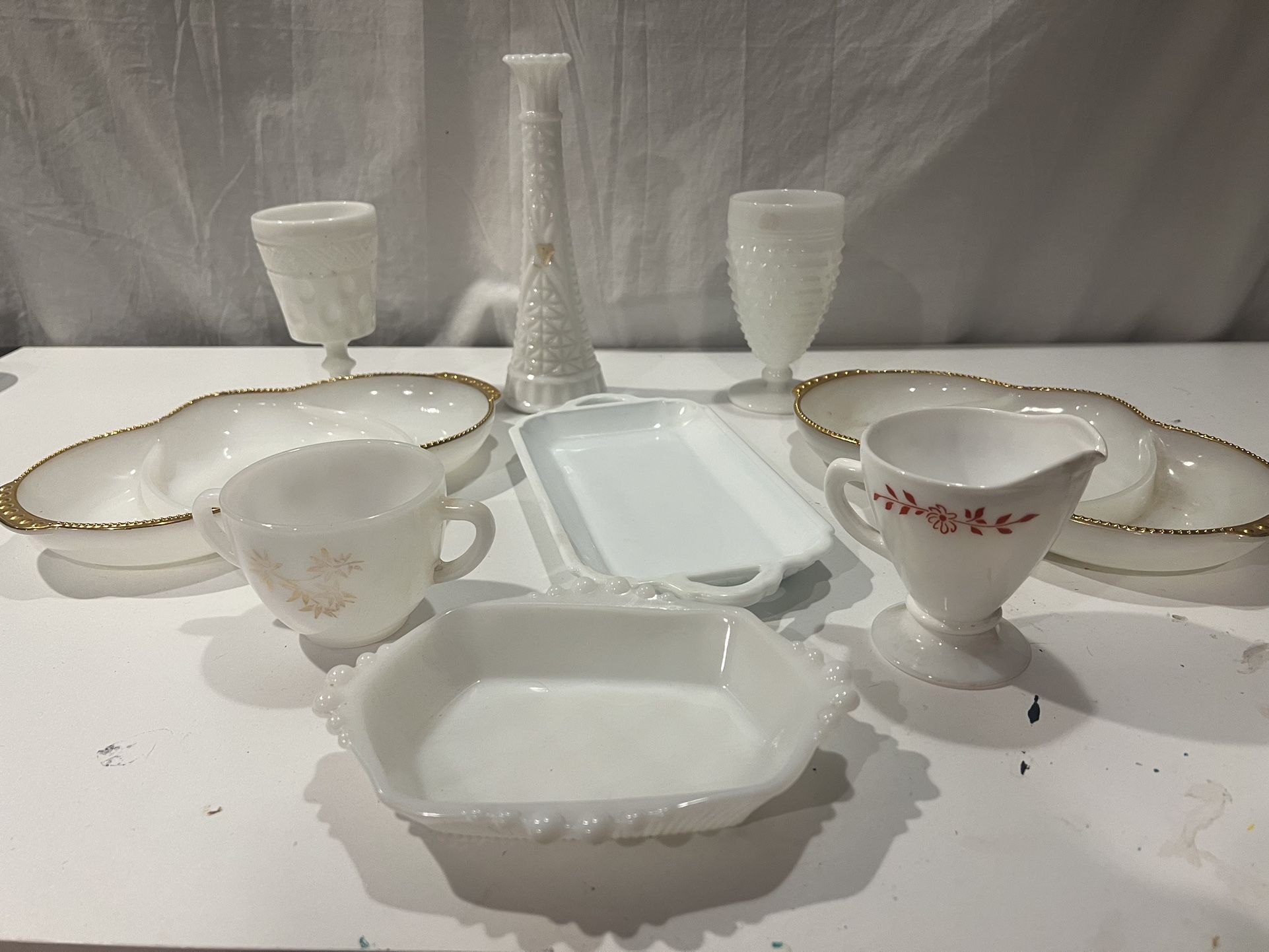 Awesome lot of white glass including some milk glass trays cups vases