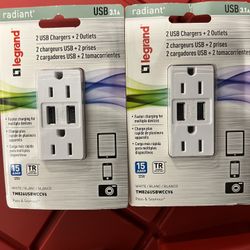 2 New Legrand 2 USB 3.1A Charger Outlet, TM826USBWCCV6 15 AMP 125 Volt White