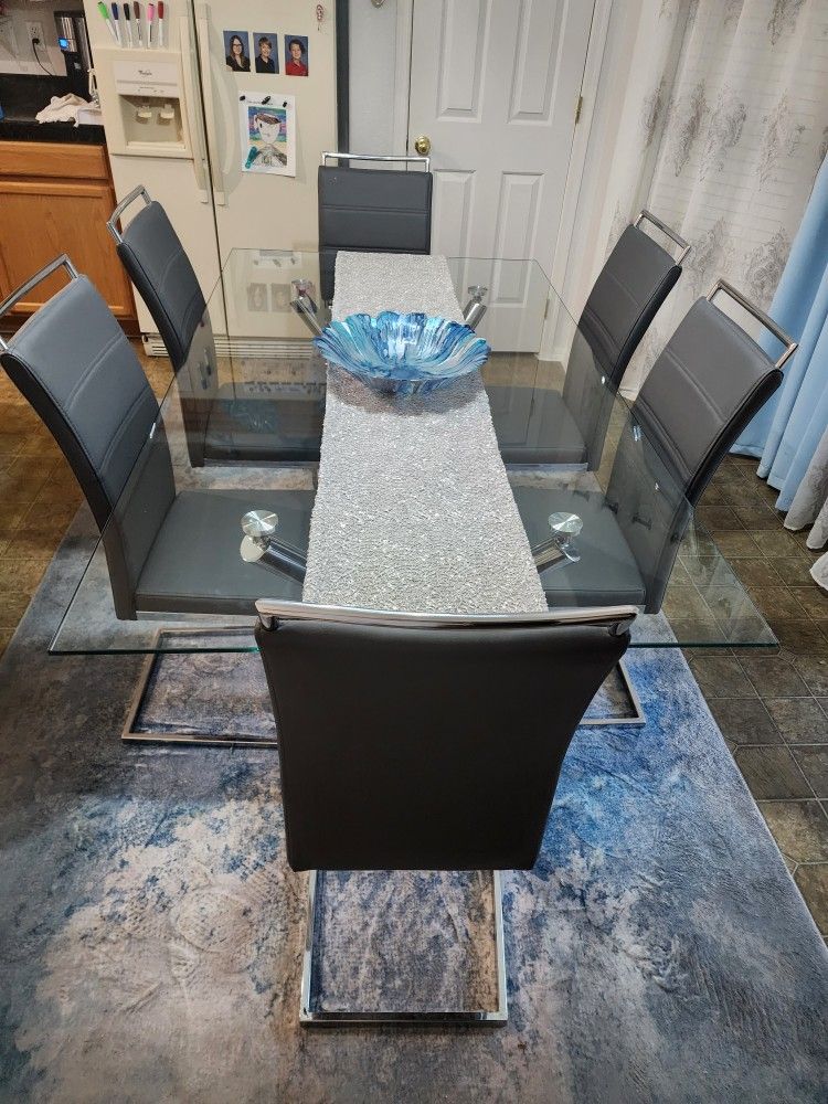 Dining Room / Kitchen Dinette Set – Chrome & Glass Table w/ 6 Chairs / Seats