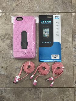 $20 iPhone 6+ 6S+ Pink Decorative Case & Accessory Lot Multilayer Protective Case Screen Protector Lightning Charge and Sync Cables 6 6S Plus