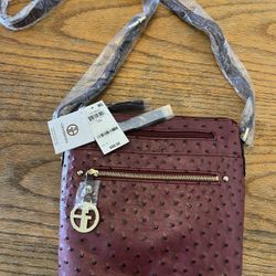 New Giani Bernini Ostrich Spots Burgundy Leather Crossbody Purse