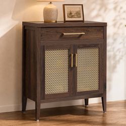 2285b $70  SICOTAS 30" Sideboard Buffet Cabinet with Adjustable Shelf, Espresso Walnut Mid-Century Modern, Gold Mesh Soft-Close Doors, Spacious Drawer