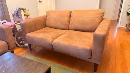Tan Loveseat Sofa with Wood Legs
