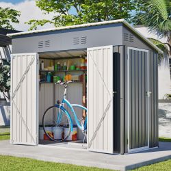 4x8 Slope-Roof Reinforced Storage Shed with Weatherproof Sloping Roof & 4 Air Vents, Heavy-Duty Sturdy Metal Frame, Left/Right Optional Door, Outdoor 