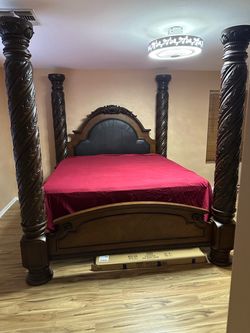King size Poster bed frame with upholstered headboard