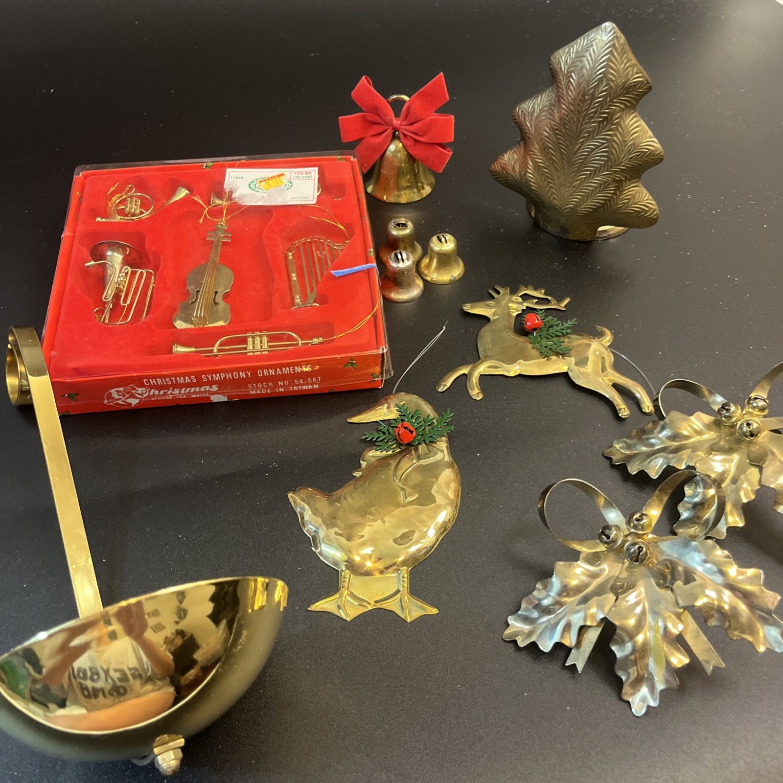 Vtg Brass Christmas Tree Ornaments Candle Holder Holly Berry Bells Decor Lot