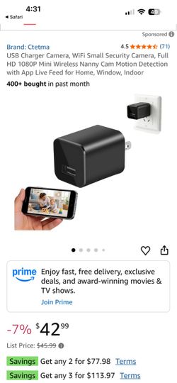 USB Charger Camera, WiFi Small Security Camera, Full HD 1080P Mini Wireless Nanny Cam Motion Detection with App Live Feed for Home, Window, Indoor