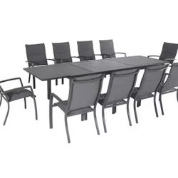 11-Piece Aluminum Outdoor Dining Set with 10-Padded Sling Chairs in Gray and 40 in. x 118 in. Expandable Dining Table
