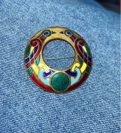 Antique hand enameled Celtic Tara-style open brooch/shawl pin
