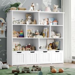 7 Cube Toy Storage Organizer, Kids Geometric Bookcase and Bookshelf with 4 Drawers, White