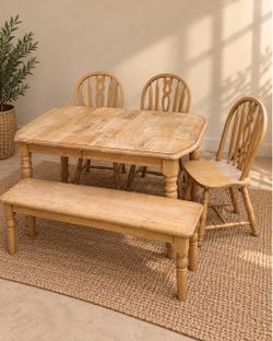 Warm Honey Wood Dining Set • Table, Bench & 3 Chairs