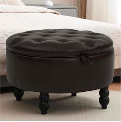 30 Inch Round Ottoman with Storage, Tufted PU Leather Storage Bench for Bedroom, Living Room & Entryway, Modern Upholstered Coffee Table with Wooden B