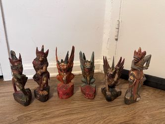 Set of 6 Vintage Hand-Carved Painted Wood Garuda Bali Indonesia Figurines