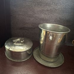 Vintage Plated Tin Expandable Collapsible Travel Cup Embossed Woman Cameo Lid