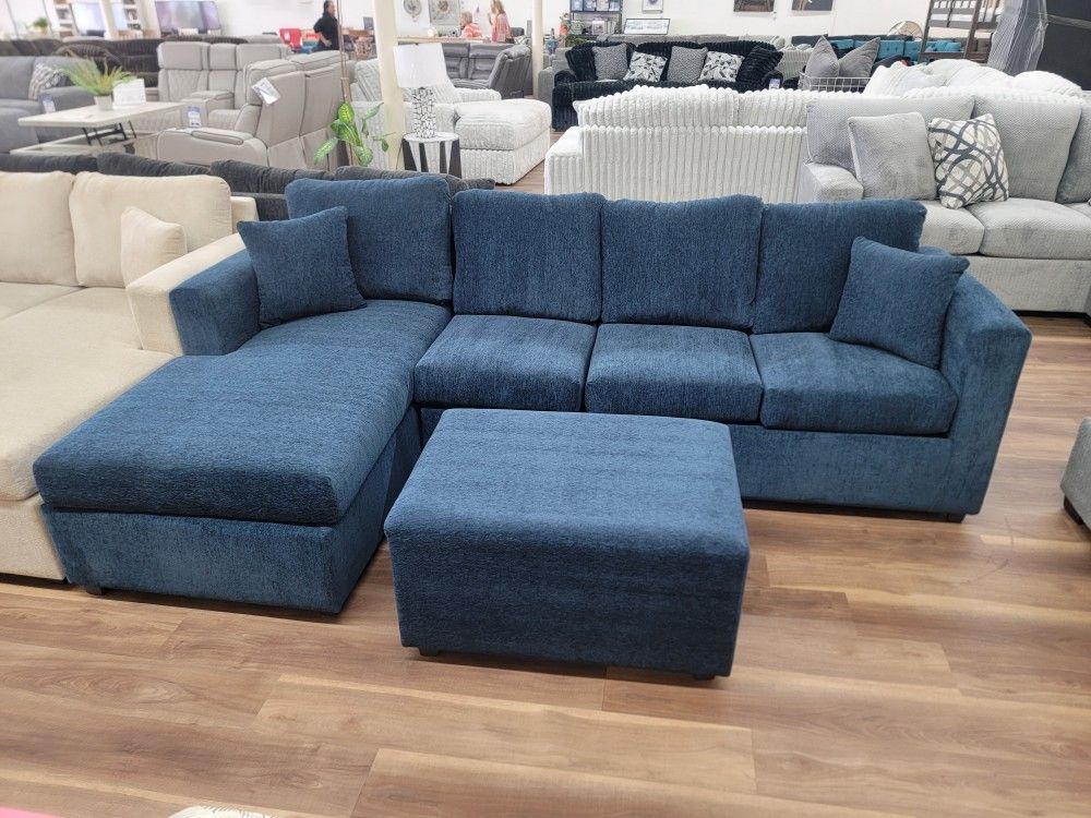 New 2pc Sectional And Ottoman In Blue, Black, White Or Sand 