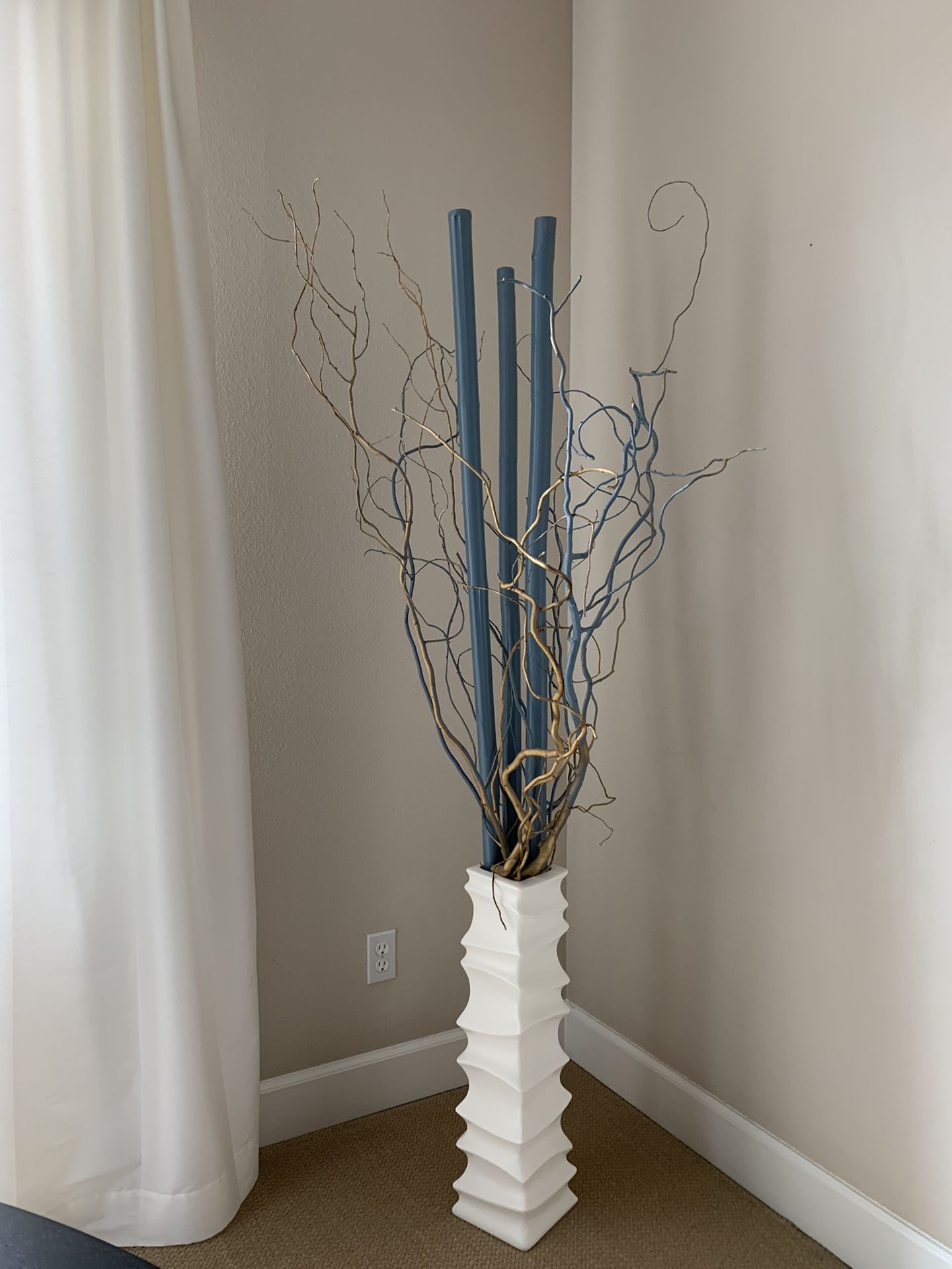 White floor vase from z Gallerie with 3 bamboo sticks from Z Gallerie