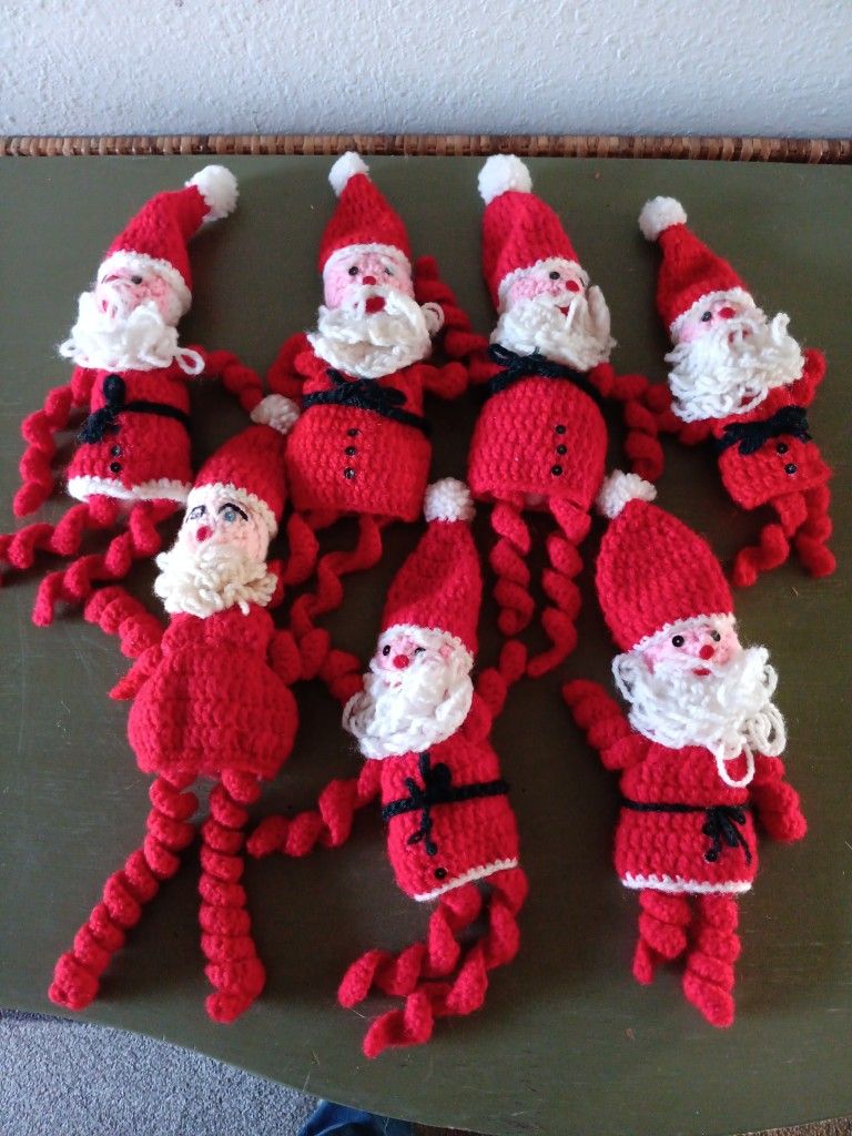 (7) Hand Crotchet Santa Tree Ornaments
