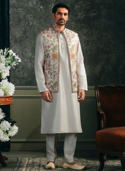 Lashkaraa Off White Multicolor Printed Nehru Jacket Set, Size Small, Like New