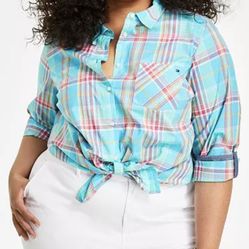 Tommy Hilfiger Plus Size Cotton Plaid Roll-tab Sleeve Button-Up Shirt