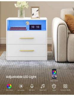23.6 Nightstands, LED Lights, Charging Station, 2 Drawers Bedside Table, End Table for Bedroom, 23.6 x 13.8 x 24.1 inch, Cloud White, CUSTOS Collectio