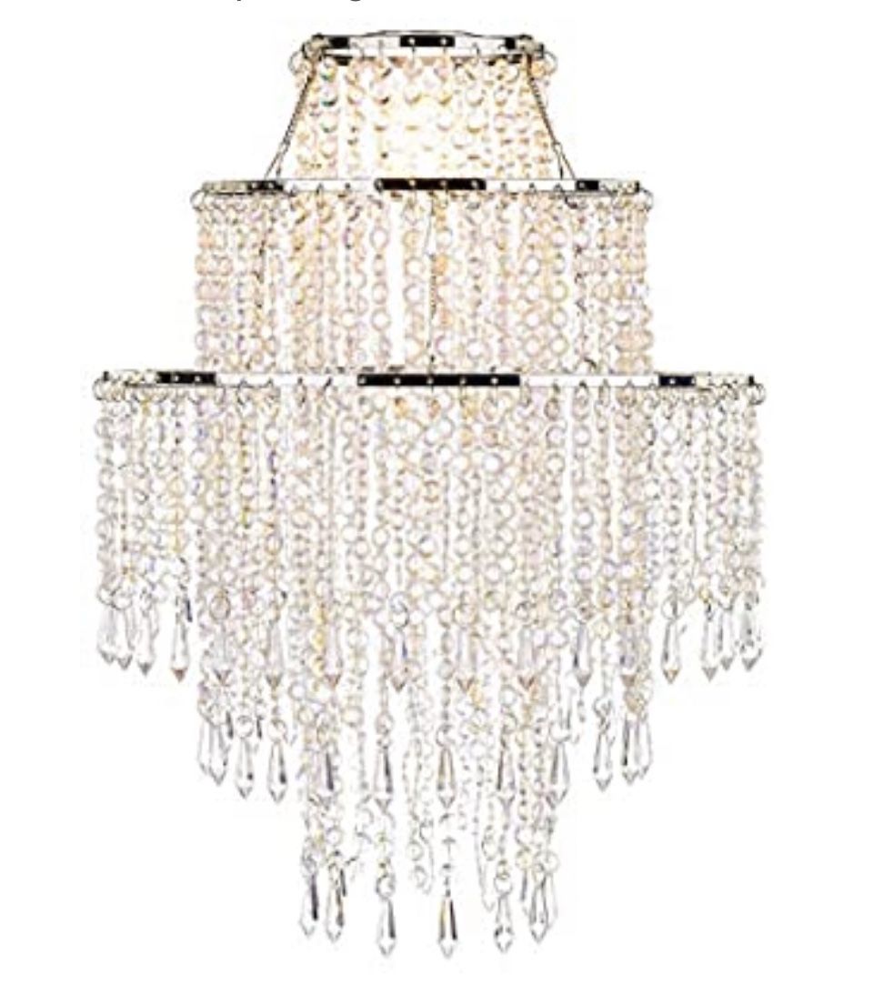 Large 3 Tiers Beads Pendant Shade, Ceiling Chandelier Lampshade with Acrylic Jewel Droplets, Beaded Lampshade with Chrome Frame and Sparkling Beads,