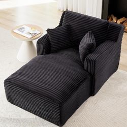 Black 65-inch deep indoor chaise lounge, boneless corduroy upholstered sofa bed with 3 pillows, deep seat sofa bed for living room, office, apartment