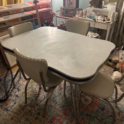 Mid Century Modern Retro Formica Chrome Crème Dinette Dining Kitchen Table Gray Marble with Leaf