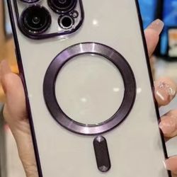 For Apple iPhone 14 purple Clear Case Slim Plating Mag Safe Magnetic