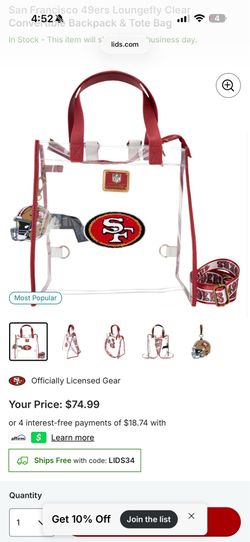 Used 1x Loungefly 49er nfl clear stadium bag