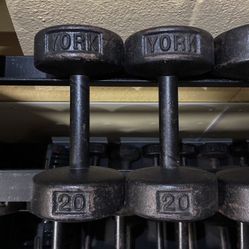 Vintage York Roundhead 20 lb dumbbells 20lbs 20lb dumbbell lbs weights weight round head roundheads USA Stampec