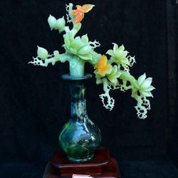 Exceptional 18.8" Chinese Natural Xiu Jade Lotus Flower & Bird Vase Statue