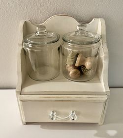 Vintage Shelf•Countertop Organizer With  Glass Jars And Drawer•Solid Wood•