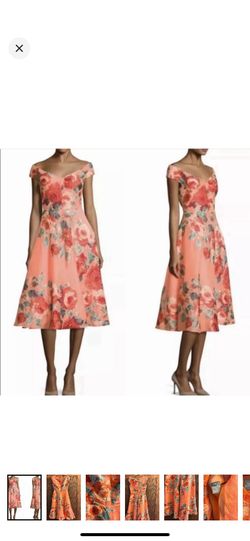 Lela rose dress 10 almost 8 orange teal leaf chiffon design cocktail
