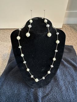 Charming Charlie Silver Strand Pearls and Rhinestone Necklace & Earrings Set