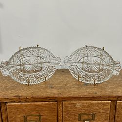 Set of 2 - Vintage Anchor Hocking - Divided Candy Dishes - Oval Cut Glass - 1970s